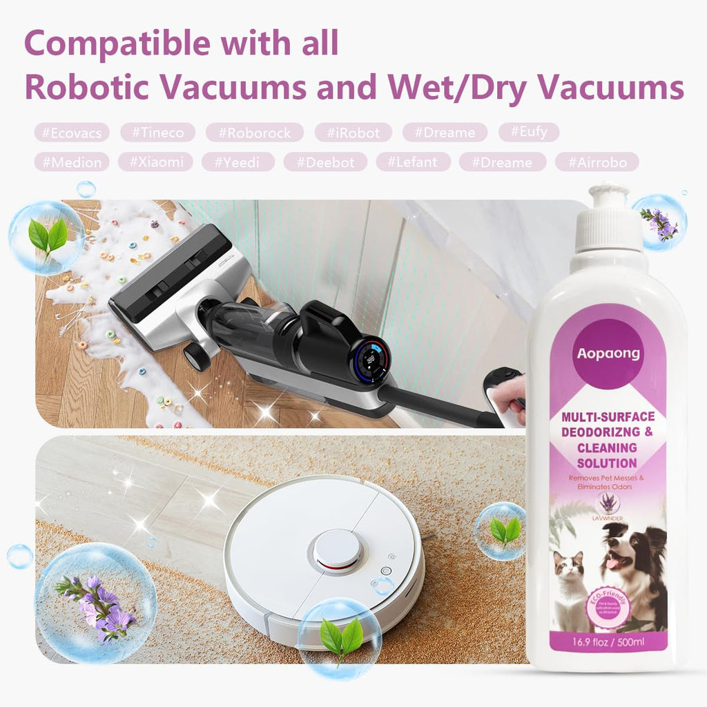 Aopaong Multi-Surface Floor Cleaning Solution, Lavender Scent, Compatible with Roborock, eufy, Dreame, iRobot Roomba Robot Vacuums and Mops, Cordless Wet/Dry Vacuums and WetJet Mops, 16.9 fl oz ×2