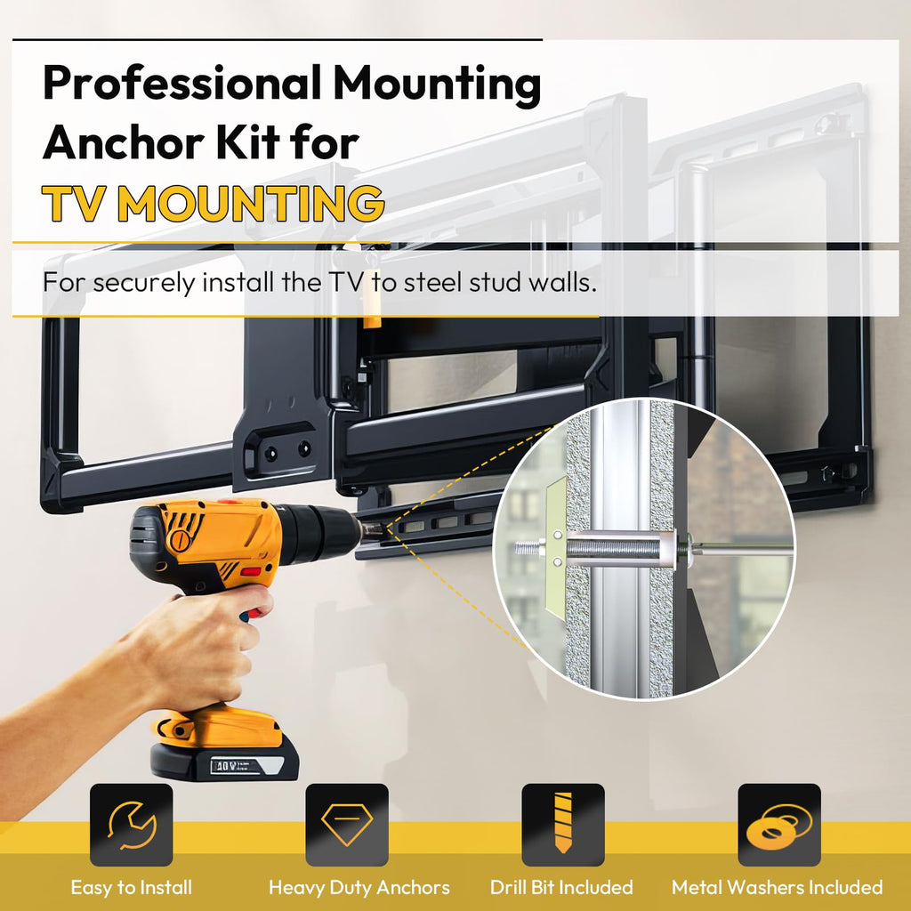 Steel Stud TV Mounting Kit – Heavy-Duty Metal Stud TV Mount Kit for Tilt & Low-Profile TVs, Includes 6 Drywall Anchors (1/4”-20), Bolts, Steel Drill Bit & Mounting Hardware