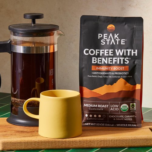 Peak State Coffee with Benefits, 3 Bag Variety Pack – Mushroom Coffee, Low Acid & Smooth, Immunity Boost, Brain Sustain & Stress Less, Organic Whole Bean, Gluten Free, 12 oz. Each