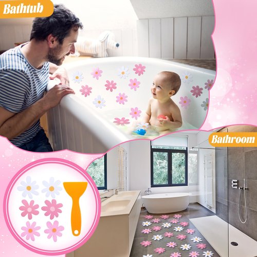 Chiisong 24 Pcs Flower Non Slip Bathtub Sticker Daisy Skidproof Shower Sticker Anti Slip Shower Decals Bathe Treads Adhesive Appliques Scraper Bright Flower Adhesive Decal for Bathroom Decor(Pink)