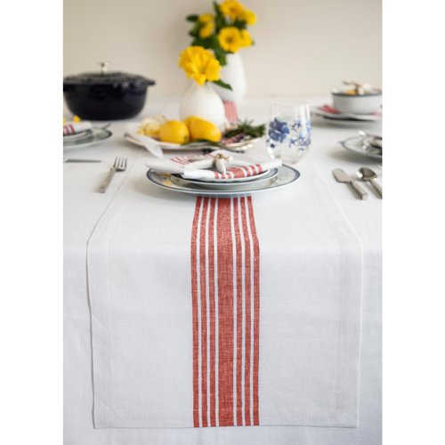 Solino Home Stripe Linen Table Runner 156 Inches Long - 100% Pure Linen Red and White Farmhouse Table Runner 14 x 156 Inch for Dining, Mothers Day