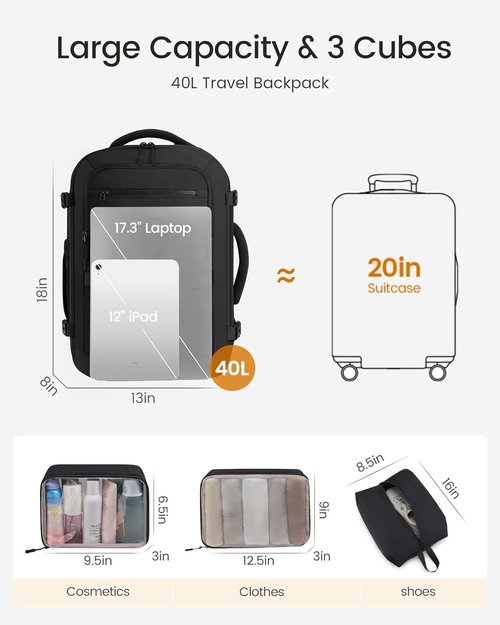 LOVEVOOK 40L Travel Backpack - TSA Approved Carry-On with 3 Packing Cubes & Waterproof Design for 17" Laptop