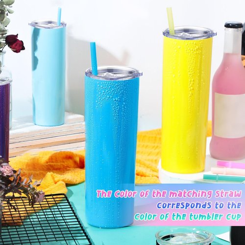 16 Packs Skinny Tumblers Bulk 20 oz Stainless Steel Double Wall Vacuum Insulated Tumbler Slim Water Cups with Lid and Straw for Travel DIY Hot Cold Drink, 16 Colors