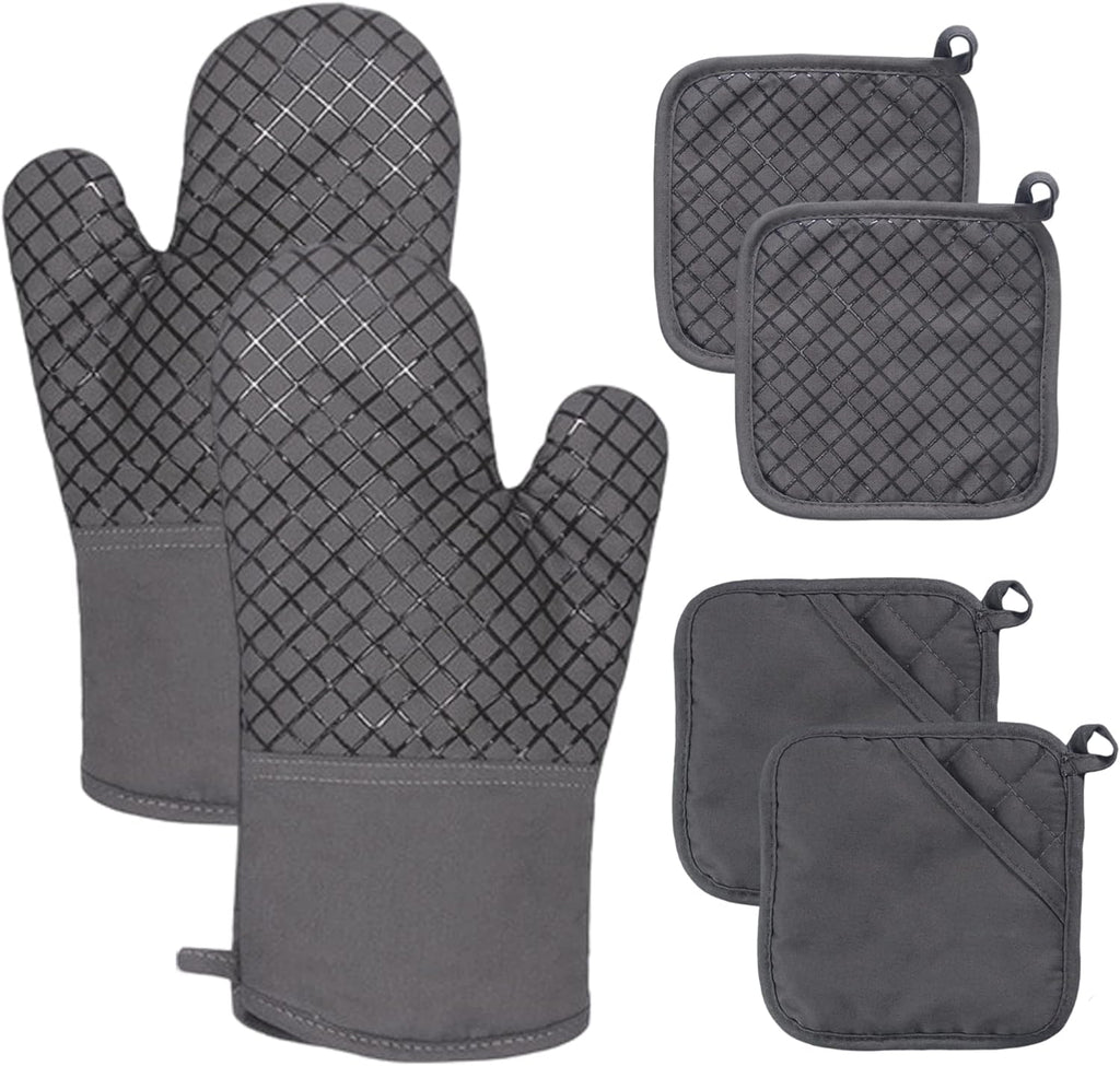 Skiennix Oven Mitts Set - 4 Pcs High Heat Resistant Kitchen Mitts & Pot Holders | Grey