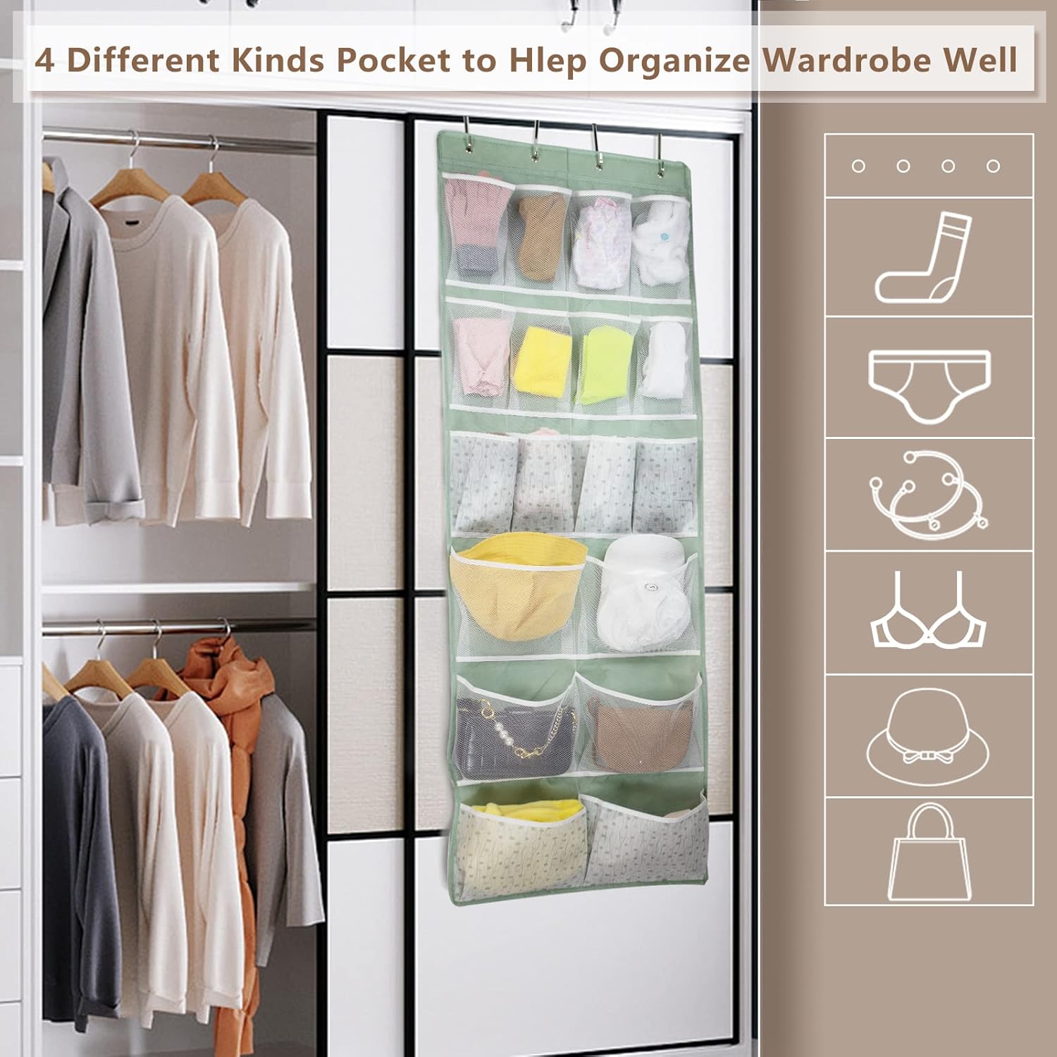 Skiennix 18-Pocket Over-The-Door Organizer - Versatile Storage for Shoes, Socks & Accessories | Green