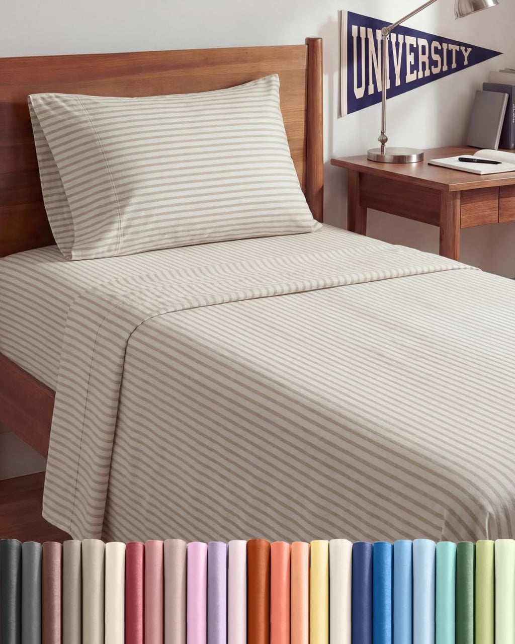 Skiennix Twin XL Sheet Set - Comfy Cooling Bed Sheets with Deep Pockets - Oeko-Tex Beige Stripes