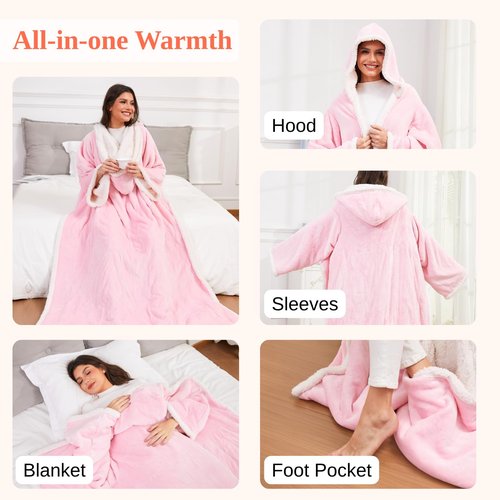 Klaggie Wearable Heated Blanket with Foot Pocket Sleeves, Heated Robe Heated Snuggie, 6 Heating Levels 4 Hours Auto-Off, Overheat Protection Machine Washable, 50”x70”, Pink