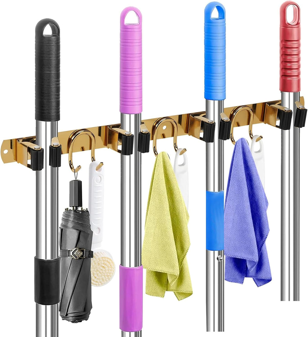 Skiennix Mop Broom Holder - Gold Stainless Steel Wall Mount Organizer with 4 Slots & 6 Hooks for Home Use