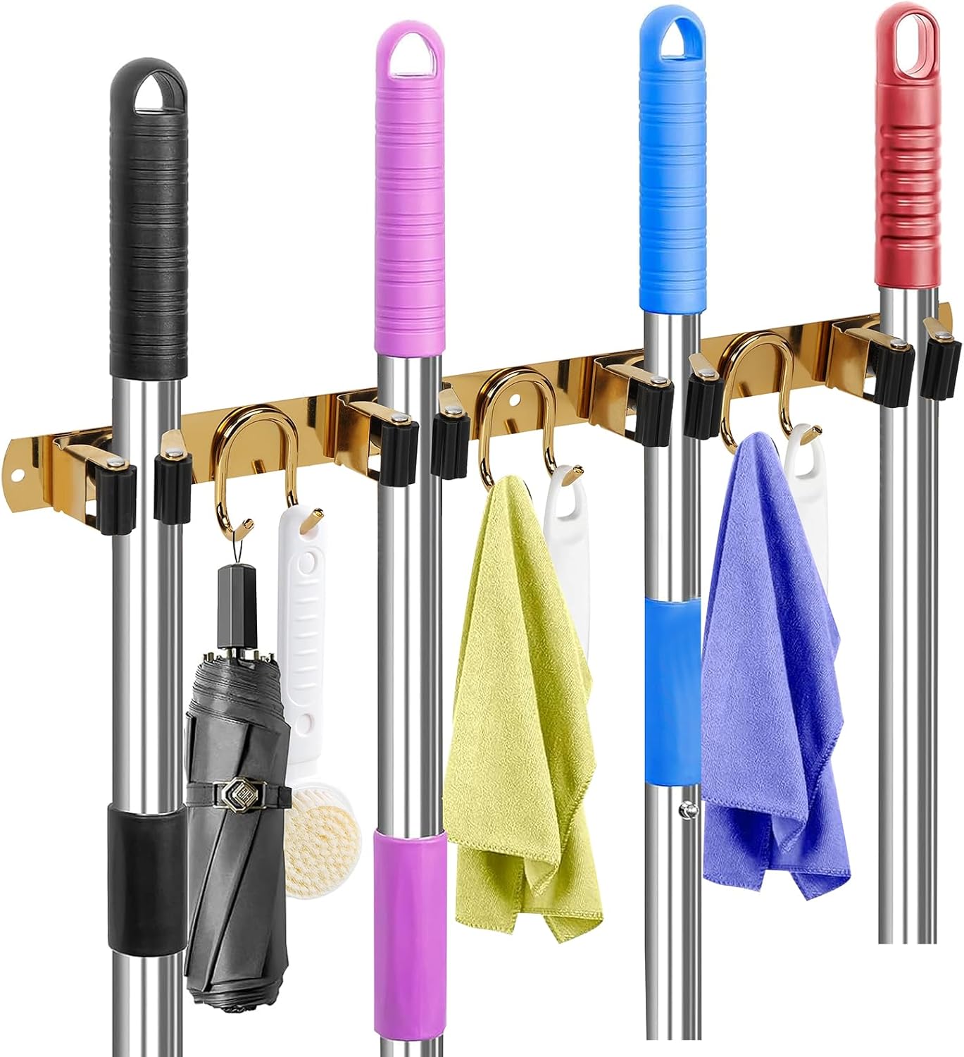 Skiennix Mop Broom Holder - Gold Stainless Steel Wall Mount Organizer with 4 Slots & 6 Hooks for Home Use