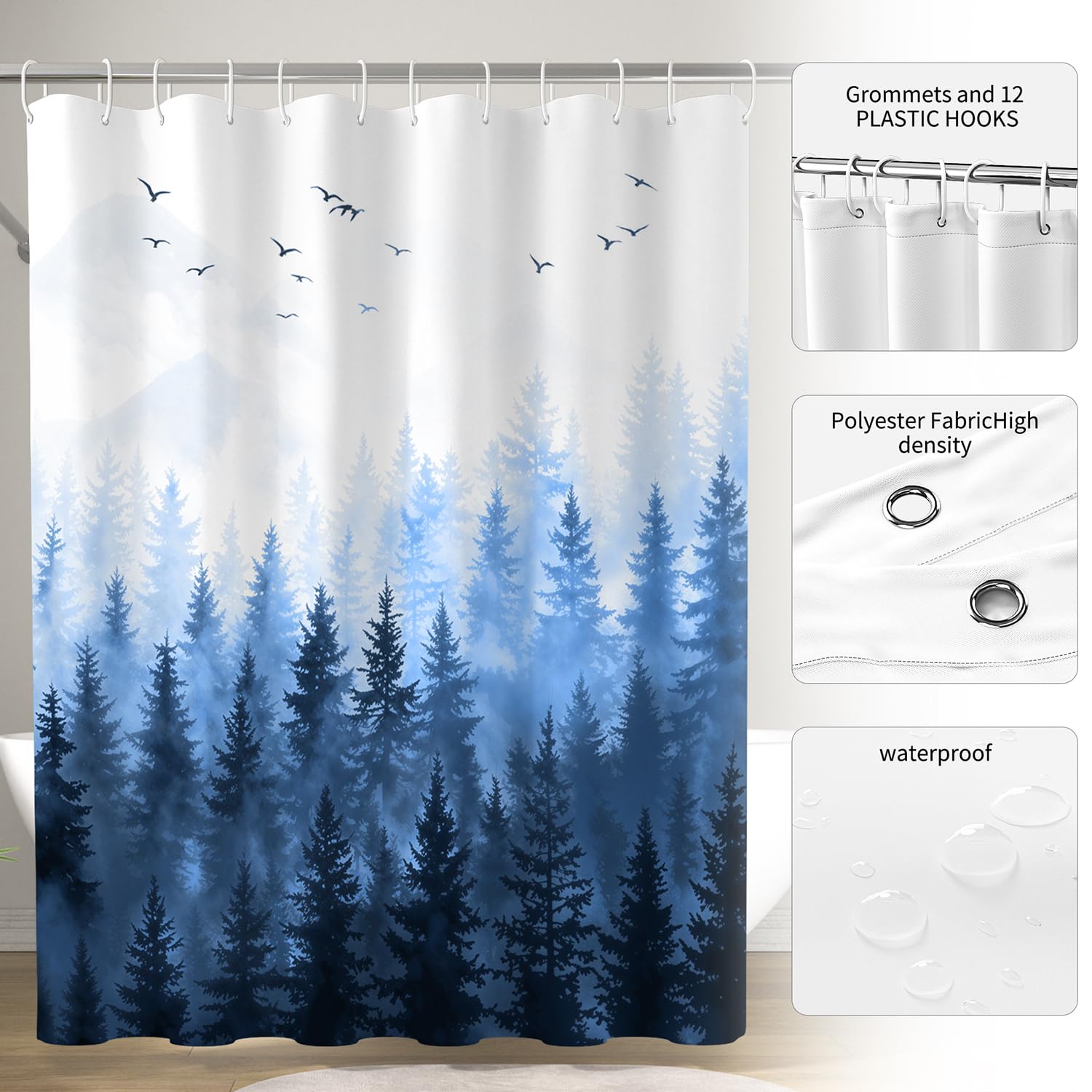 ChloropLastid Mountain Forest Shower Curtain Nature Blue Woodland Foggy Tree Mountain Waterproof Fabric Bath Curtain Decorative Pine Tree Fog Magic Bath Curtains for Home 72x72 inch