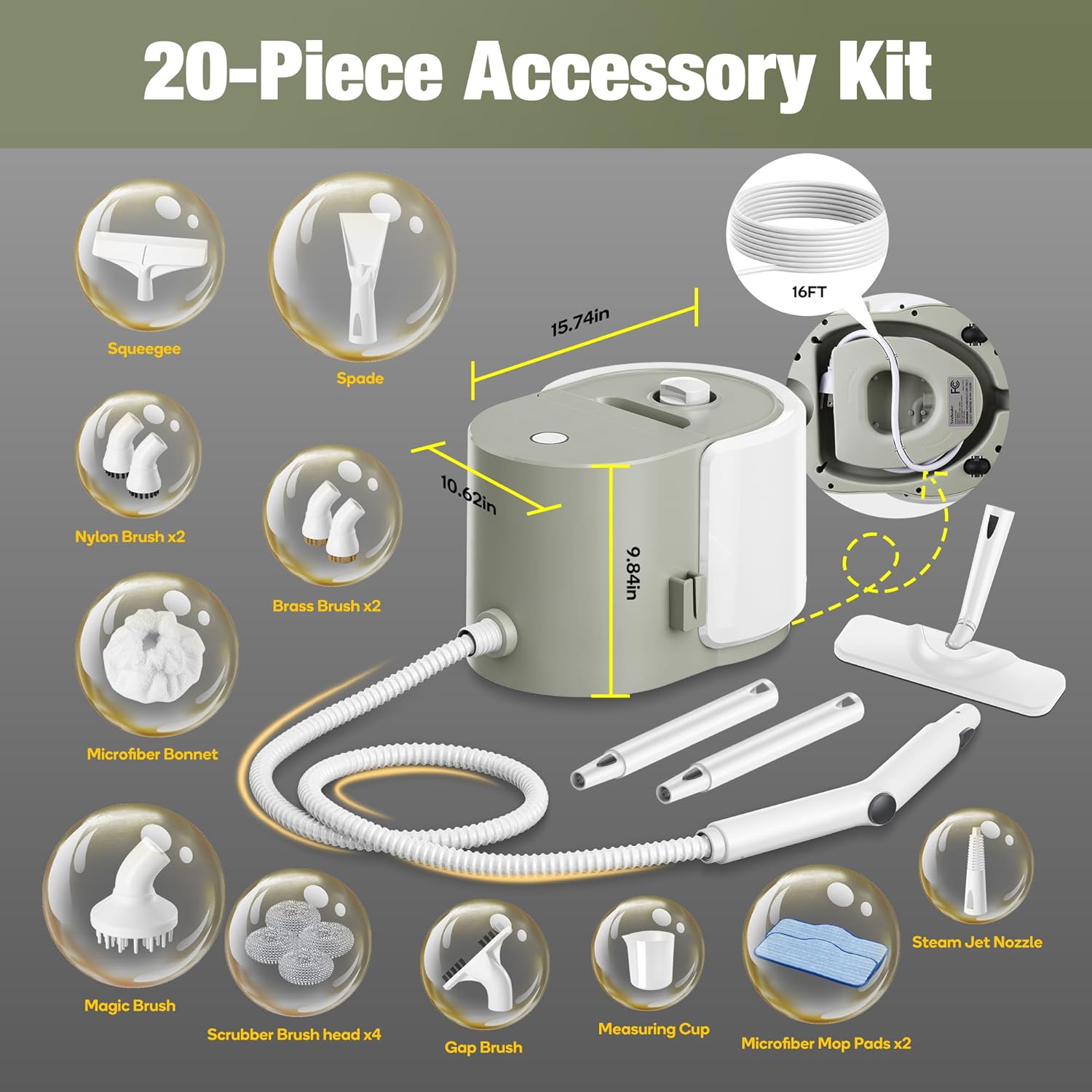 Newbealer Heavy-Duty Steam Cleaner - Multi-Purpose Steamer with 20 Accessories | Stainless Steel Boiler, Max 5 Bar