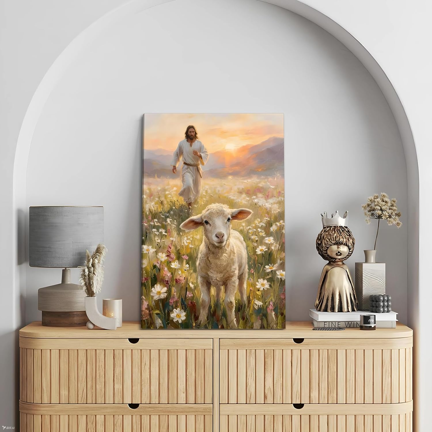 SIXWOOD Canvas Wall Art - Good Shepherd Jesus with Lost Sheep | Framed 12x16 in Christian Decor