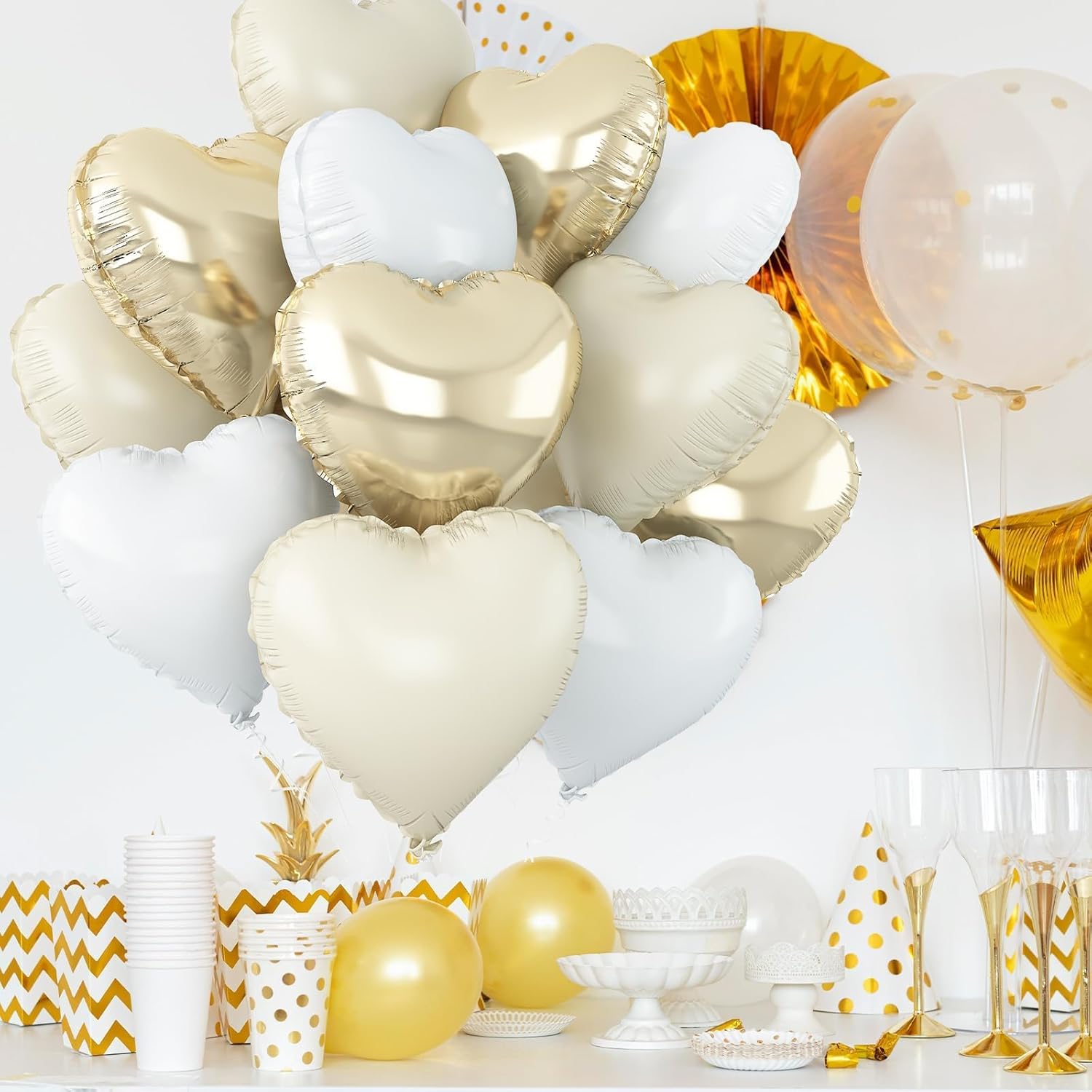 Skiennix Heart Balloons - 12Pcs Cream White & Gold Foil - 18Inch Helium Balloons for Baby Showers & Weddings