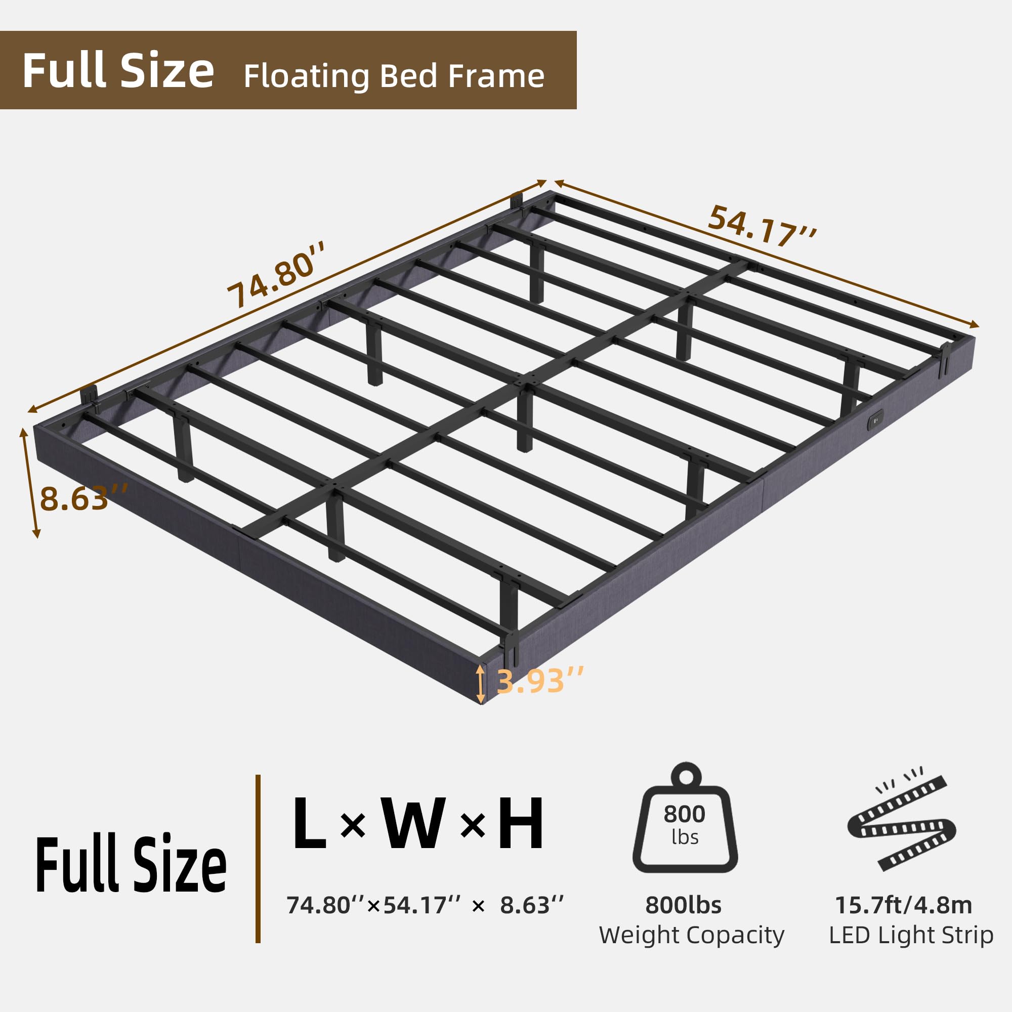 Muluflower Floating Bed Frame Full Size with LED Lights and Charging Station, Grey Linen Metal Platform Bed Frame, Easy Assembly, No Box Spring Needed (Full)