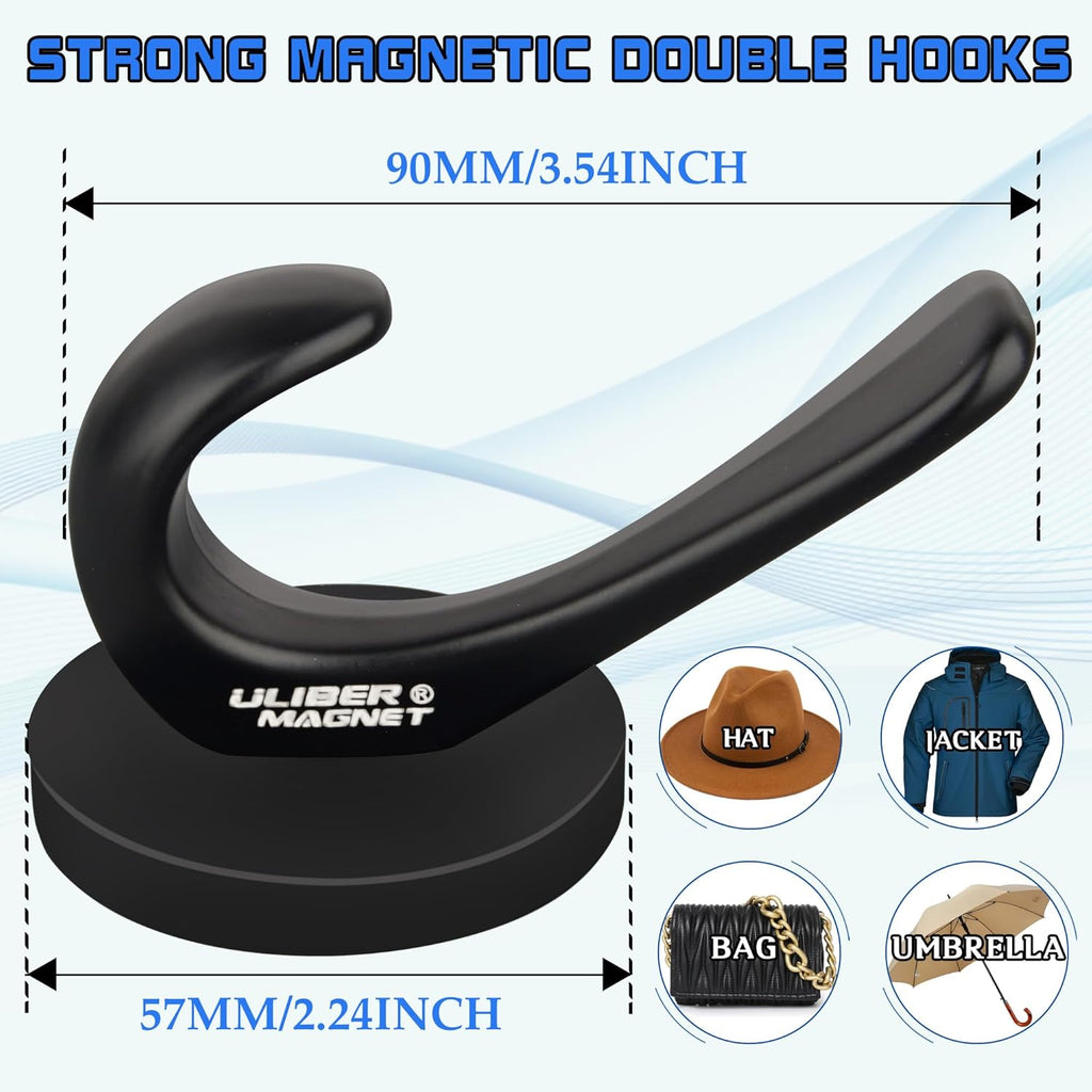 ULIBERMAGNET Strong Magnetic Coat Hooks - Heavy Duty Double Hooks for Coats, Towels & Keys | 2 Pack (Black)
