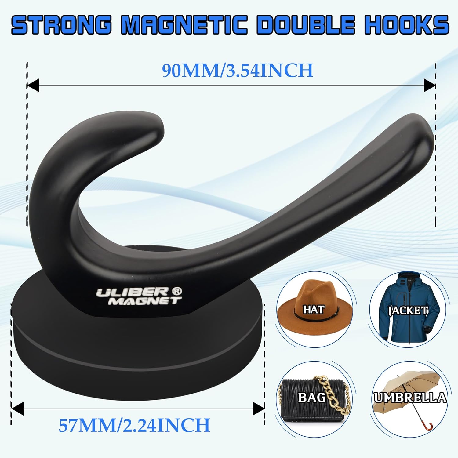 ULIBERMAGNET Strong Magnetic Coat Hooks - Heavy Duty Double Hooks for Coats, Towels & Keys | 2 Pack (Black)