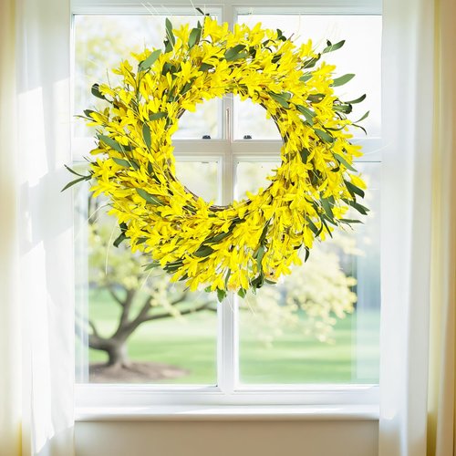 LOKEISNA Yellow forsythia Door Wreath, 24 Inch Summer Wreaths for Front Door Outside, Hand Made Artificial Forsythia Flower Wreath for Front Door Window Wall Farmhouse Home Gift