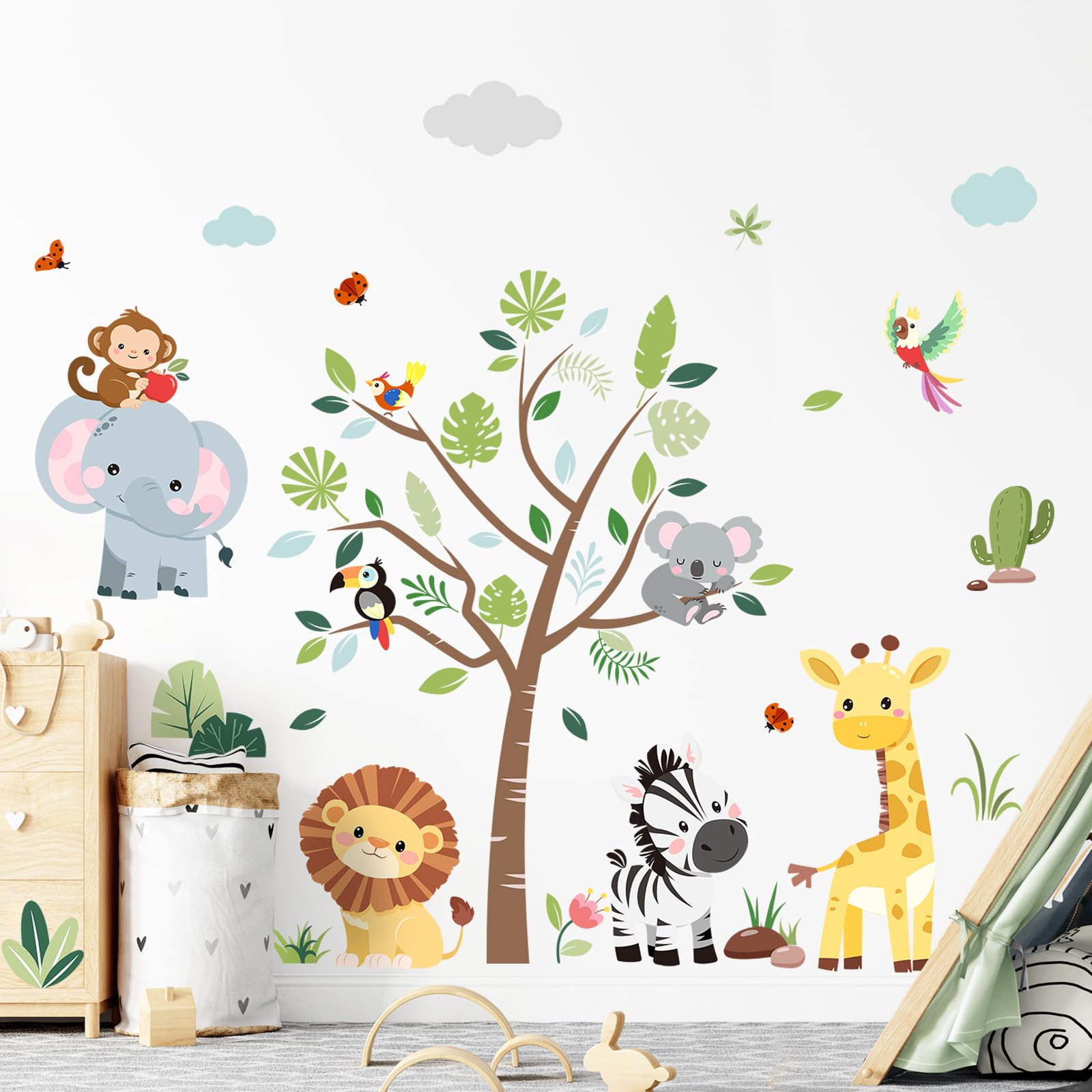 Supzone Jungle Animals Tree Wall Decals Safari Elephant Giraffe Lion Zebra Wall Stickers for Kids Toddlers Bedroom Living Room Baby Nursery Wall Decor
