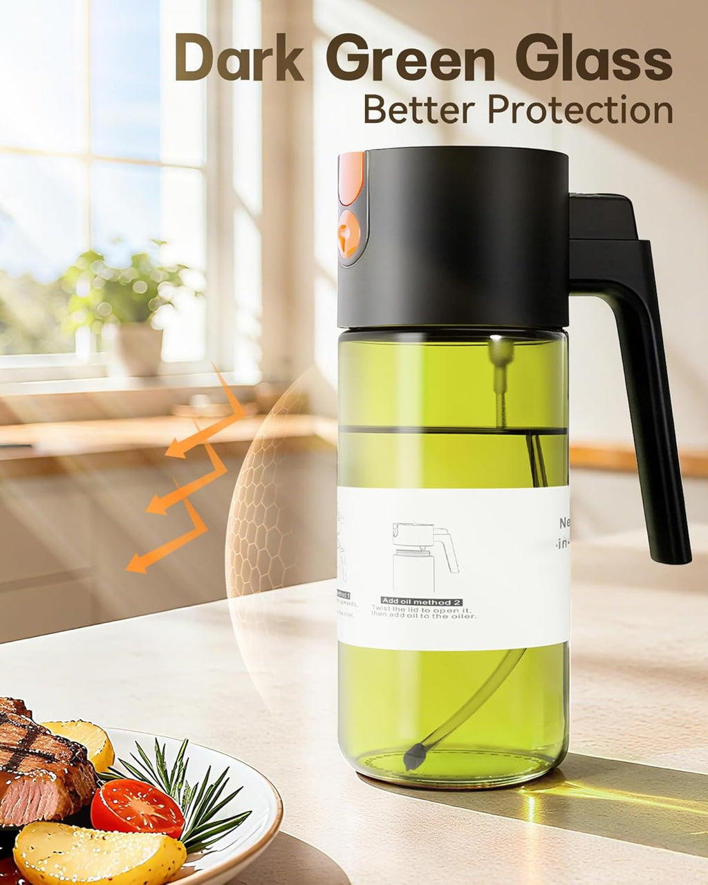 OURCABECUE 2-in-1 Oil Sprayer - 17oz Light-Blocking Glass Olive Oil Dispenser for Cooking | Food-Grade Mister with 8 Stickers (Green Bottle)