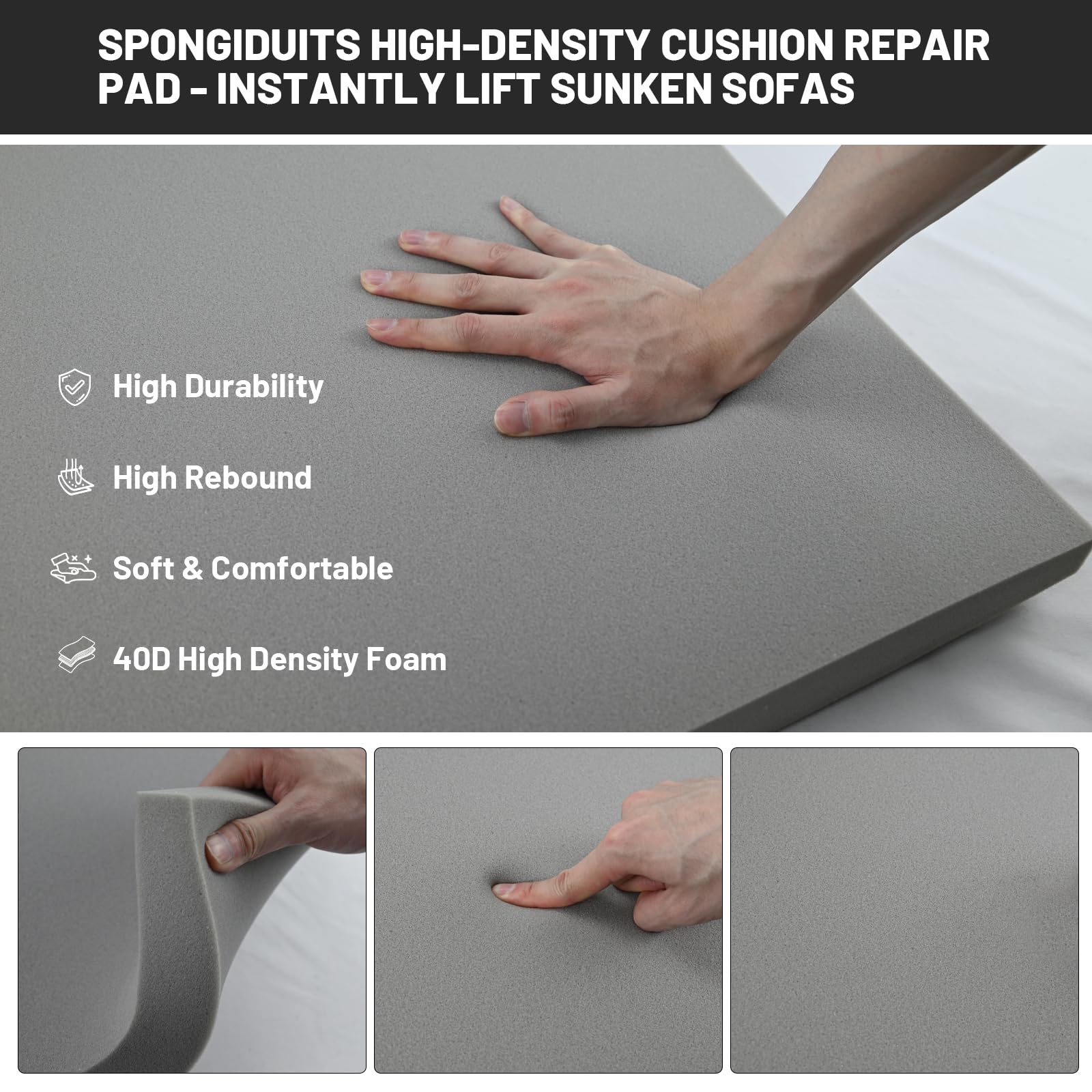 Spongiduits Couch Cushion Support for Sagging Seat, 20"x20"x2" 40D High Density Curved Foam Sofa Cushion Support, Under-Cushion Sag Repair,Grey Set of 2