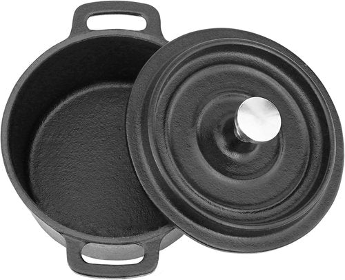 Flavehc Mini Cocotte | 8 oz Cast Iron Dutch Oven - Garlic Roaster Set of 2, Black