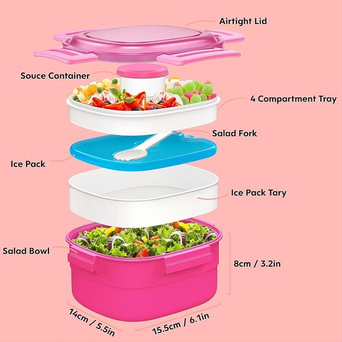 Cherrysea Salad Lunch Container - Leakproof Bento Box with Ice Pack & 4 Compartments | Pink, 1.3L