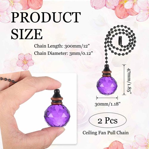 MECCANIXITY 2Pack Ceiling Fan Pull Chain, 12 Inch Decorative Ornaments Crystal Pendant Pull Chain Extension for Ceiling Fans Light Lamp, Purple