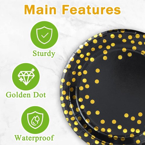 qonimi 50 Pcs Black and Gold Paper Plates 7 Inches Gold Foil Dot Disposable Dessert Party Paper Plates Party Supplies for Birthday Graduation Wedding Holiday Christmas