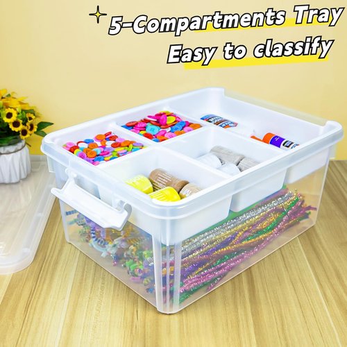 Creahaus 17 Quart Clear Plastic Storage Box - Durable Craft Organizer with Removable Tray for Beads, Art & Sewing