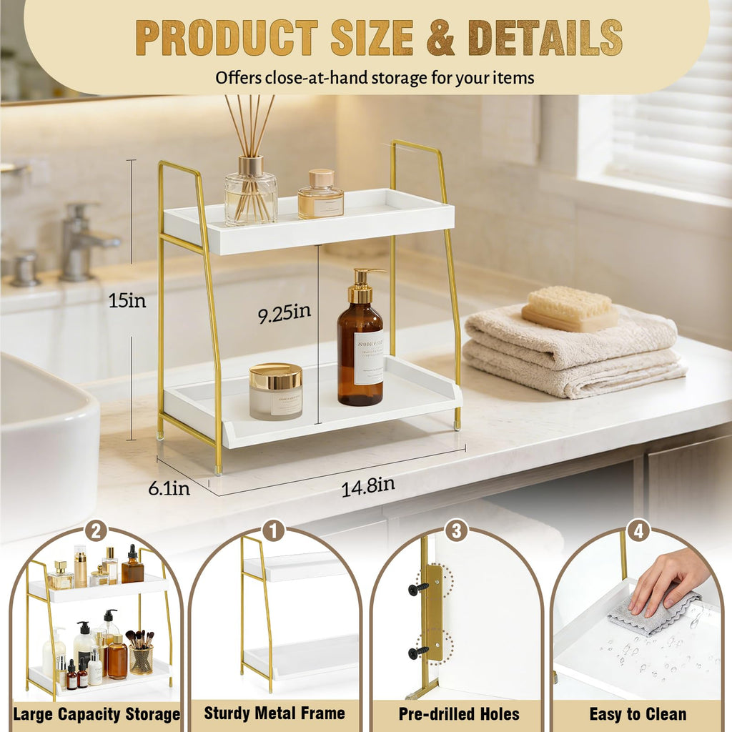 Bathroom Counter Organizer, 2-Tier Makeup Organizer, Wooden Bathroom Organizers and Storage for Skincare Perfume, Stylish Vanity Organizer with Gold Metal Frame for Bath Kitchen Bedroom (White&Gold)
