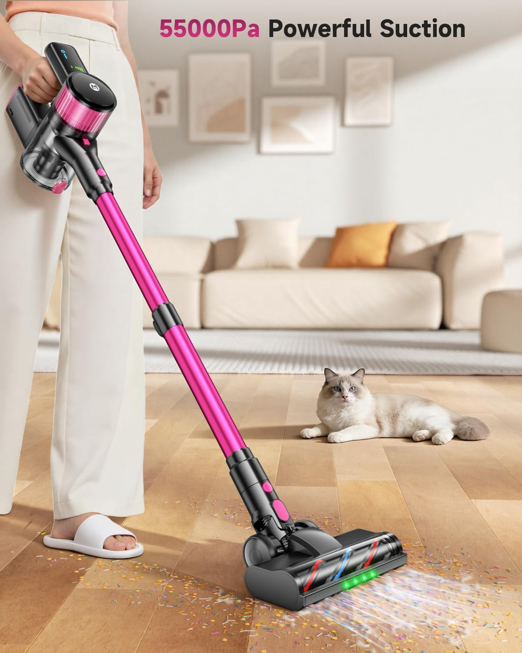 MYUAKO Cordless Vacuum Cleaner - Powerful 650W Suction, 75 Mins Runtime, 2L Capacity for Pet Hair & Carpets