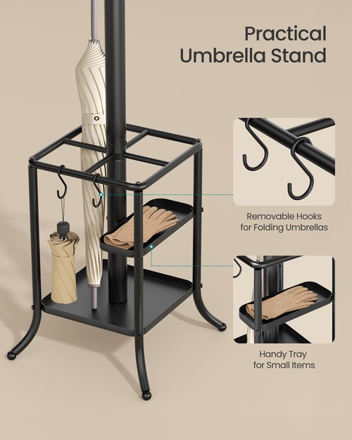 SONGMICS Coat Rack Freestanding with Umbrella Holder, Metal Coat Rack Stand with 12 Hooks, for Entryway, Hallway, Living Room, Bedroom, Ink Black URCR082BH02S