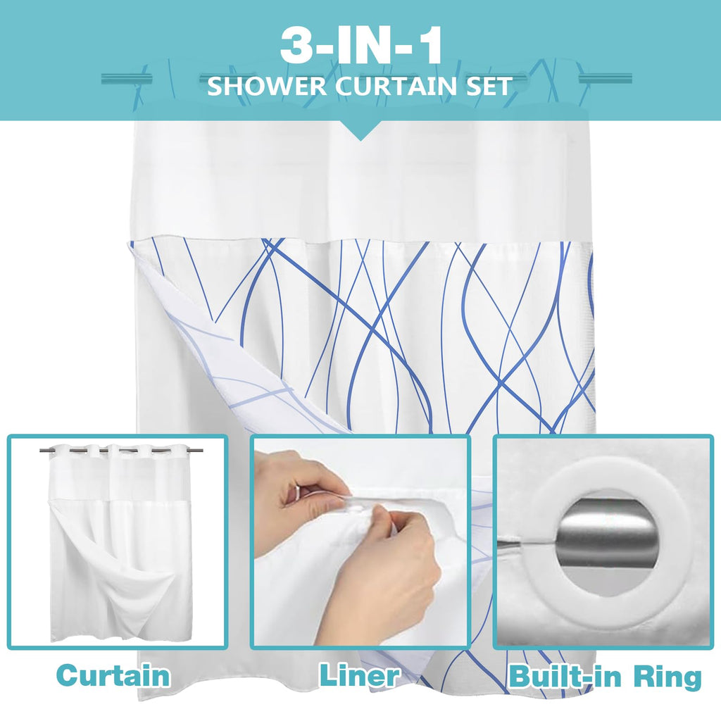No Hook Shower Curtain with Snap in Liner Set, Black Striped Geometric Shower Curtains for Bathroom Hotel 71x74 Inch