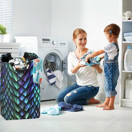 visesunny Collapsible Laundry Basket Cool Dragon Scale 3D Print Large Laundry Hamper Oxford Fabric Dirty Clothes Toy Organizer with Handle For Bathroom Bedroom Kids Room Dorm