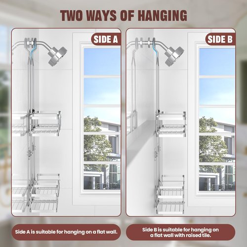 REINHARDT Adjustable Shower Caddy Hanging Rustproof Shower Caddy for Handheld Showerheads, Shower Organizer with Hooks Soap Holder, Anti-Swing Shower Rack Bathroom Accessories, Silver