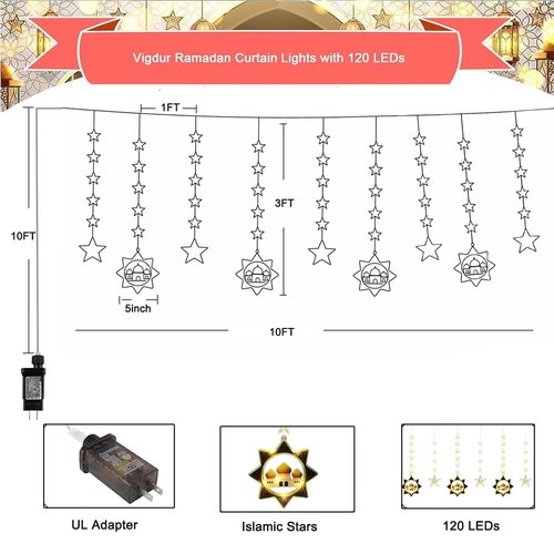 Vigdur Ramadan Star Curtain Lights, 120 LEDs Eid Mubark Castle Curtain Fairy Lights with Remote & 8 Lighting Modes, Ramadan Decoration Lights for Home Holiday Eid Decorations(10FT)
