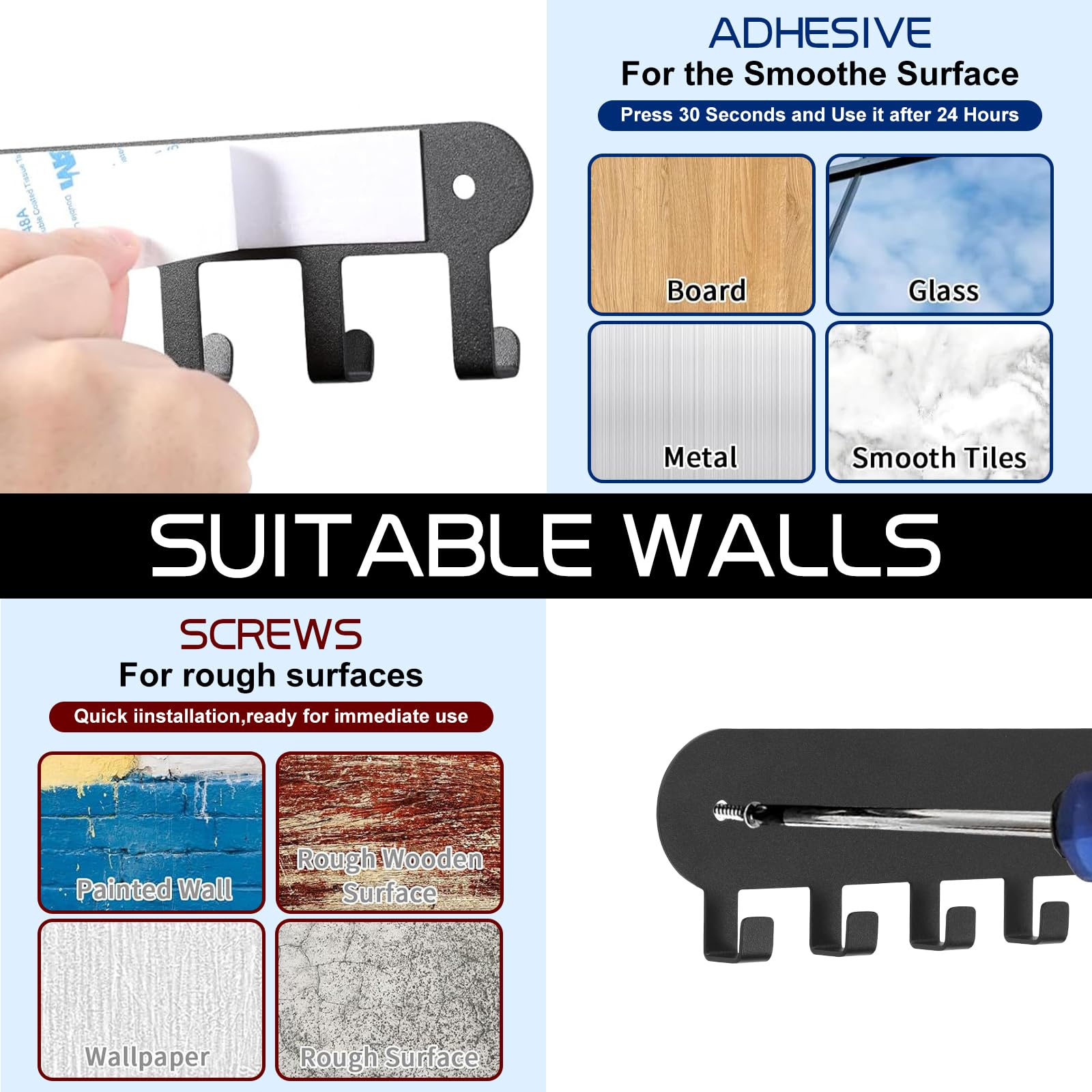 Suzurana 2 Pack Key Holder for Wall,Key Hooks with 10 Hooks,Key Holder Wall Mount Self Adhesive, Key Rack for Wall No Drill for Living Room, Kitchen, Bathroom, Garage (Black)
