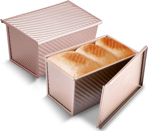 KITESSENSU Non-Stick Pullman Loaf Pan Set - 2 Pack with Lid, 1 lb Capacity, Gold Carbon Steel Bakeware