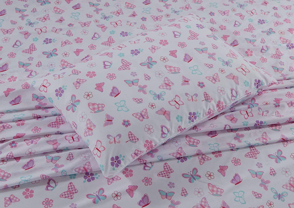 Kids Zone CollectionKids Zone Home Linen Full Size Sheet Set for Girls and Teens Butterfly Pink Purple Turquoise White New
