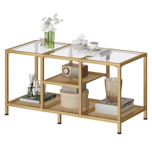 JARHETUN Glass Coffee Table, Coffee Tables for Living Room, Small Center Table, Modern Coffee Table with Open Storge&Metal Frame, Rectangular Coffee Tables for Small Space, Home Office, Gold