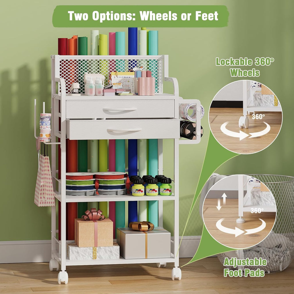 Skiennix Rolling Craft Storage Cart - 2 Fabric Drawers & Lockable Wheels | Gift Wrap Organizer with Ribbon & Tape Holder