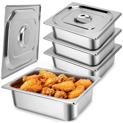 HLHgirl Hotel Pan, Full Size Steam Table 4" Deep Stainless Steel With Lid, 13" L x 10.4" W Anti-Jam Buffet Commercial (4 Pack)