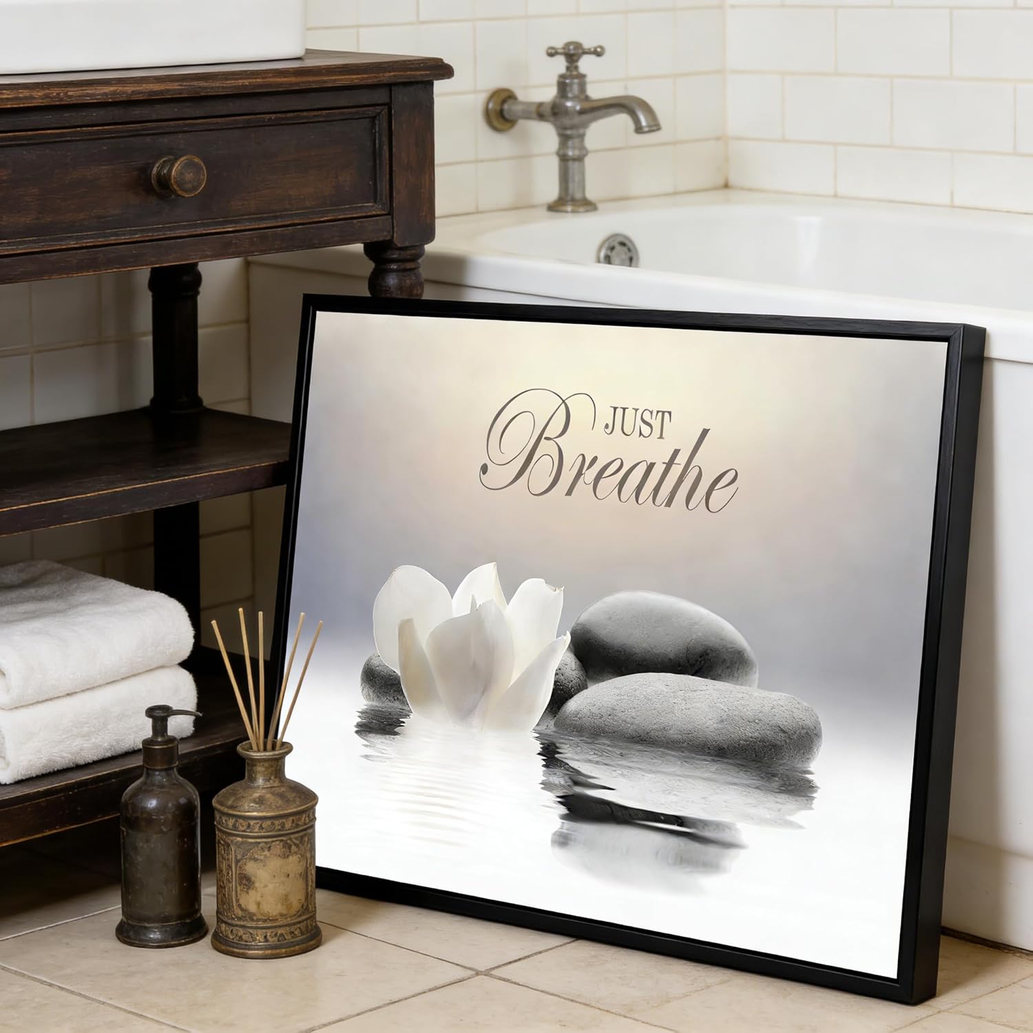 MKCIPJWC Zen Stone Wall Art - Just Breathe Yoga Quotes Canvas Print | White Lotus Flower, 12x16 Inch