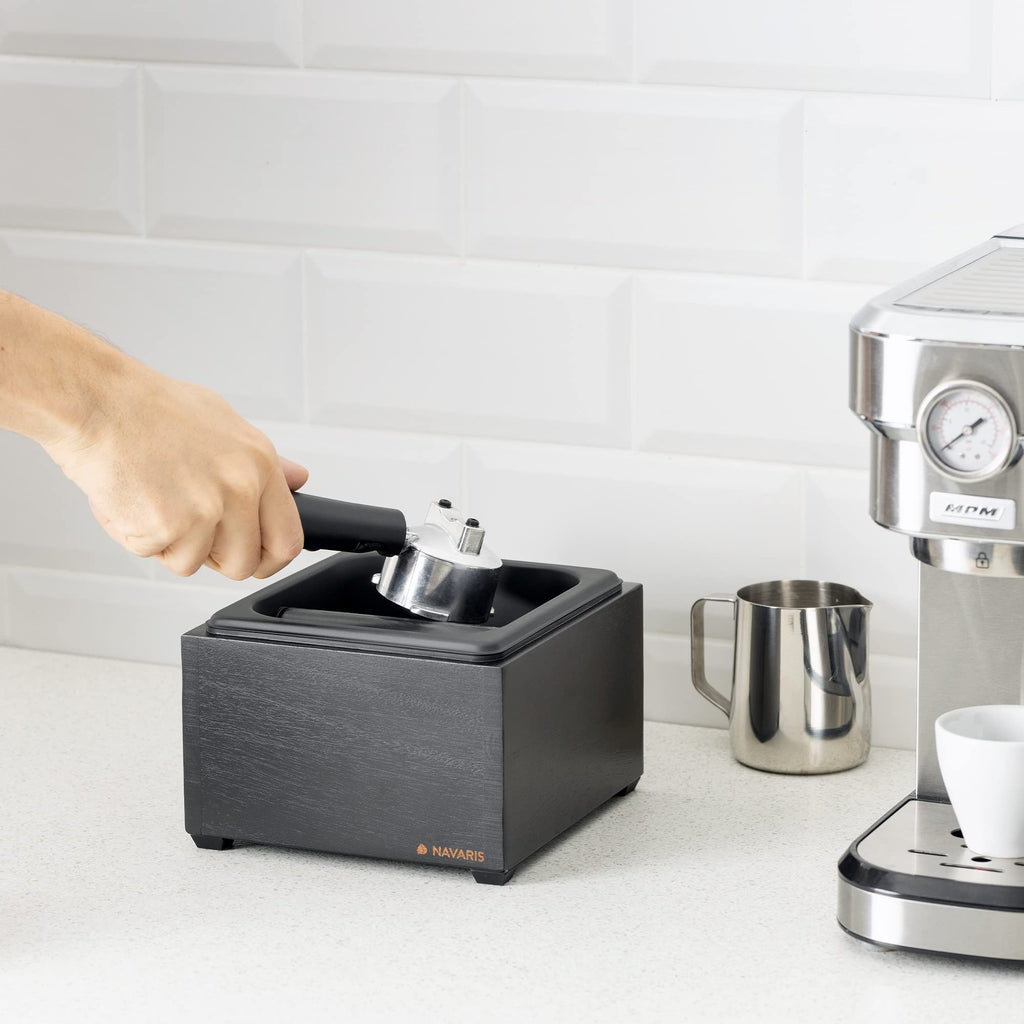 Navaris Coffee Knock Box - Stainless Steel and Wood Bin for Espresso Machine Coffee Grounds - With Silicone Bar for Knocking Filter Grinds - Black