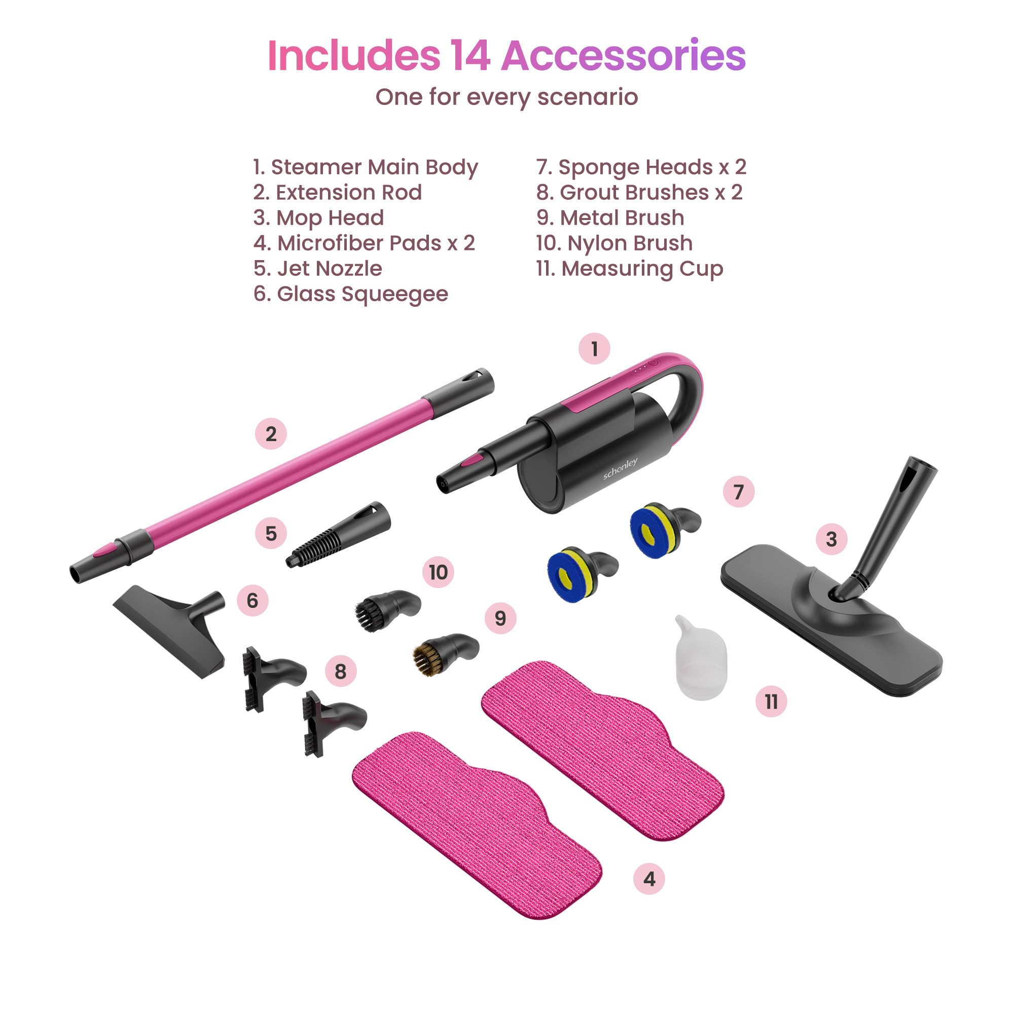 Schenley Steam Mop Cleaner with Detachable Handheld Steamer for Cleaning Hardwood, Laminate Floor, Tiles and Grout, with 14-in-1 Multi-purpose Accessories and Washable Microfiber Pads