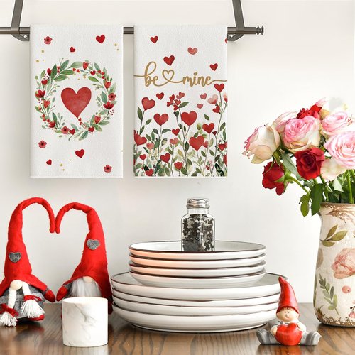 Artoid Mode Rose Floral Love Heart Garland Valentine's Kitchen Towels Dish Towels, 18x26 Inch Anniversary Wedding Decoration Cleaning Set of 4