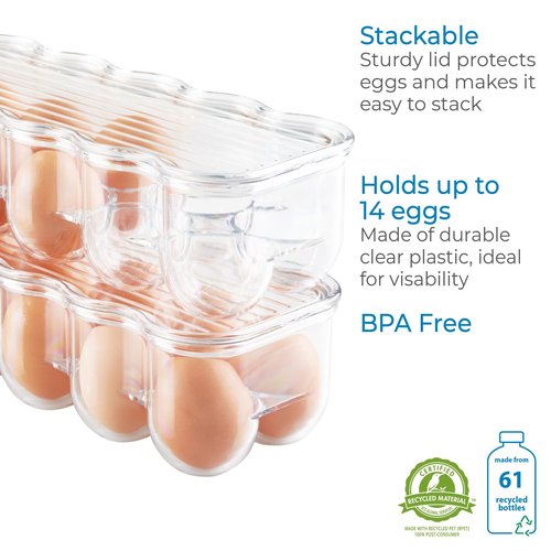 iDesign Plastic Egg Holder for Refrigerator with Handle and Lid, Fridge Storage Organizer for Kitchen, Holds up to 14, 4.25" x 14.5" x 3", Clear