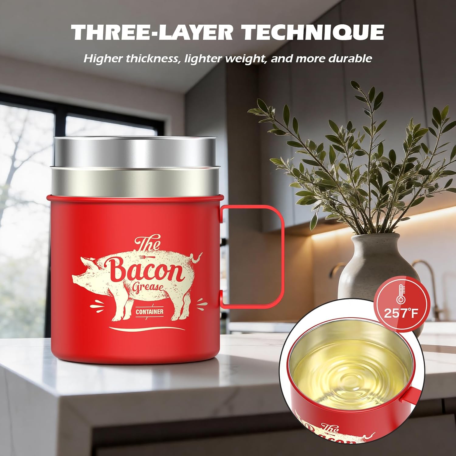 PGYARD Mini Bacon Grease Saver - 20 Oz Stainless Steel Oil Container | Dishwasher Safe Red Bacon Keeper