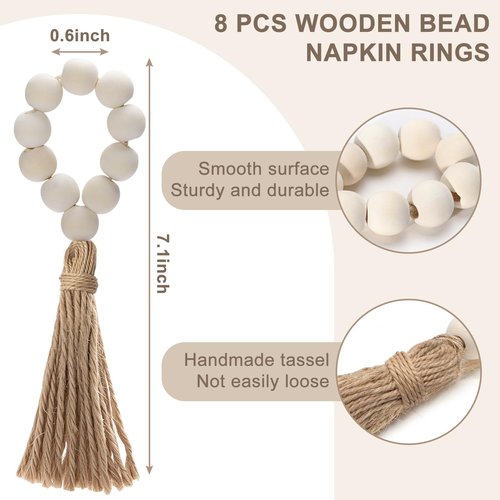 Hardcometrue Woven Placemats Set of 8, 13.8" Natural Water Hyacinth Round Rattan Placemats with Wooden Beads Napkin Rings for Kitchen Dining Table Decor