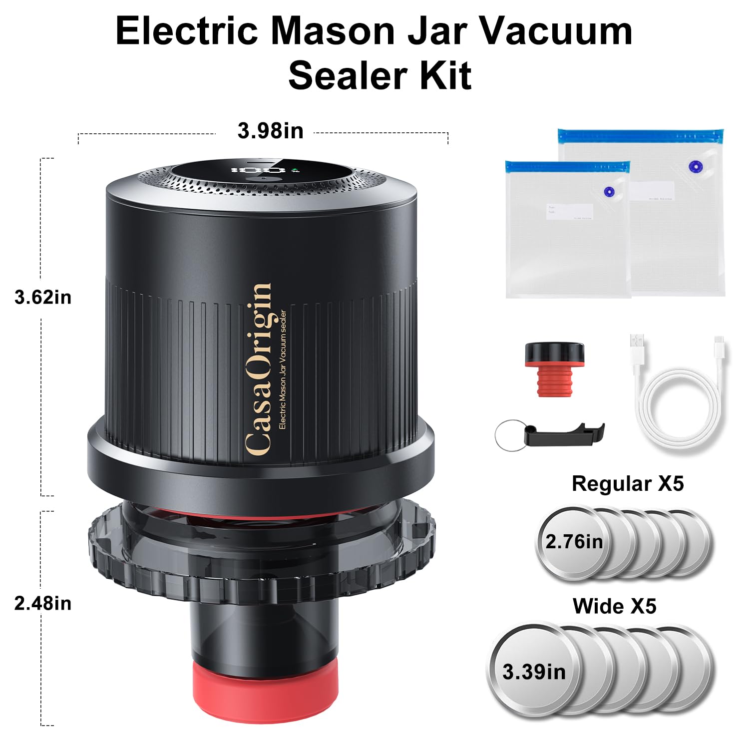 Electric Mason Jar Vacuum Sealer Kit for Wide & Regular Mouth Jars, Automatic Jar Sealer for Canning and Food Storage, Includes Lids